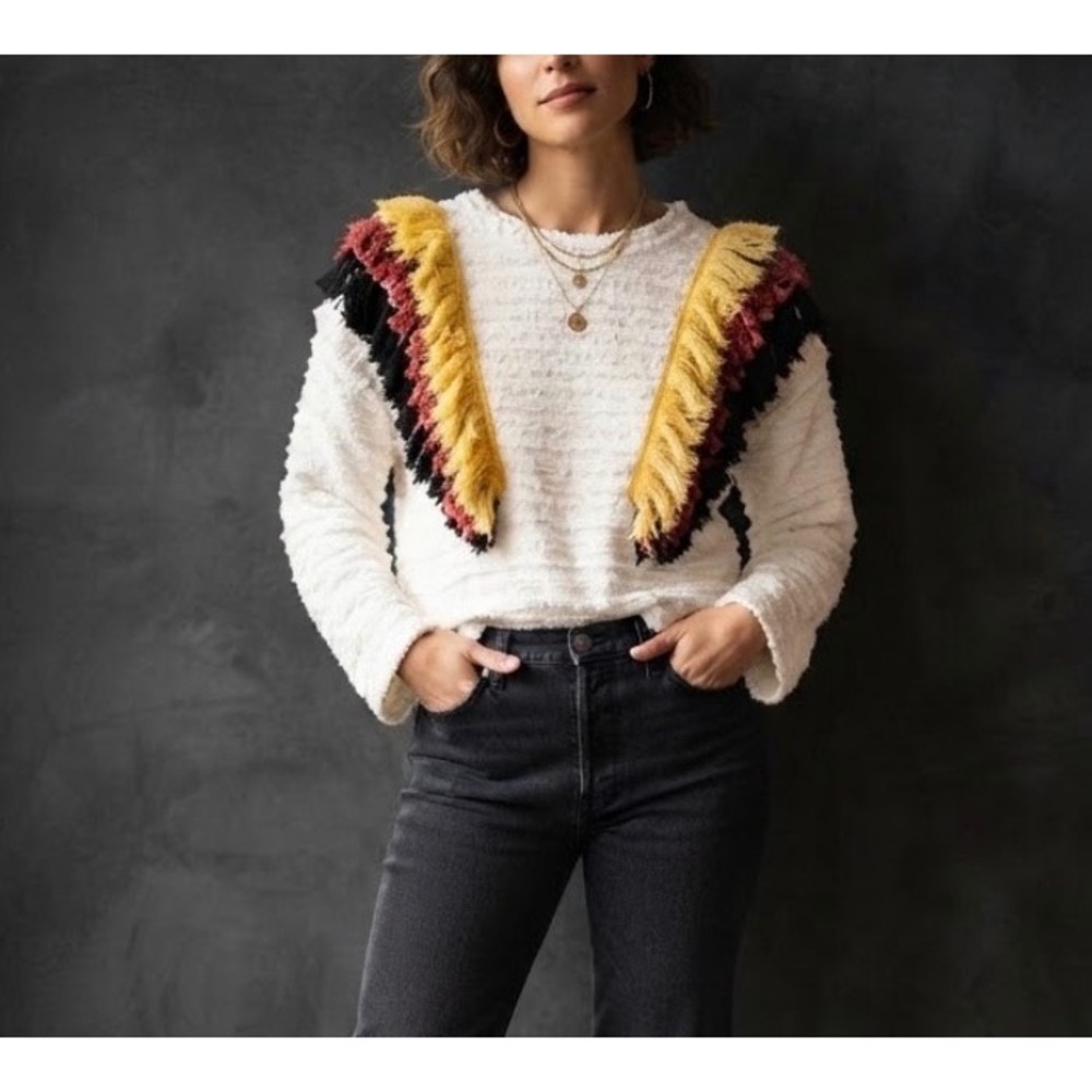 Zara Trafaluc White Textured Fringe Sweater Multi-Color Boho Knit Top L